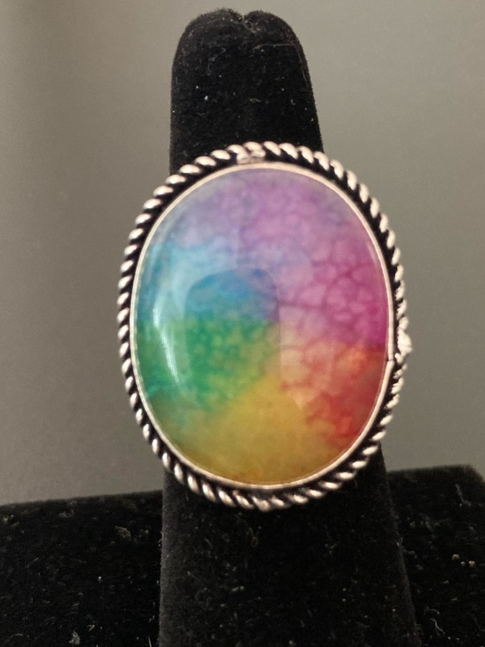 Multicolor Oval Statement Ring - Rainbow Resin Cabochon  925 size 6